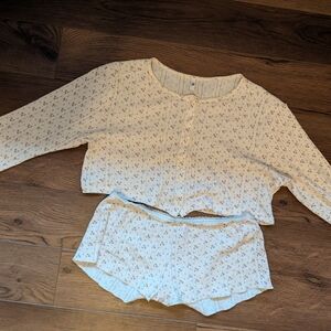 Cream Floral Ribbed Button-Front Sleep Set - Women